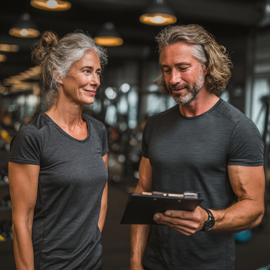 Mature fitness enthusiast in their late 40s consulting with professional trainer about workout plan in welcoming gym environment