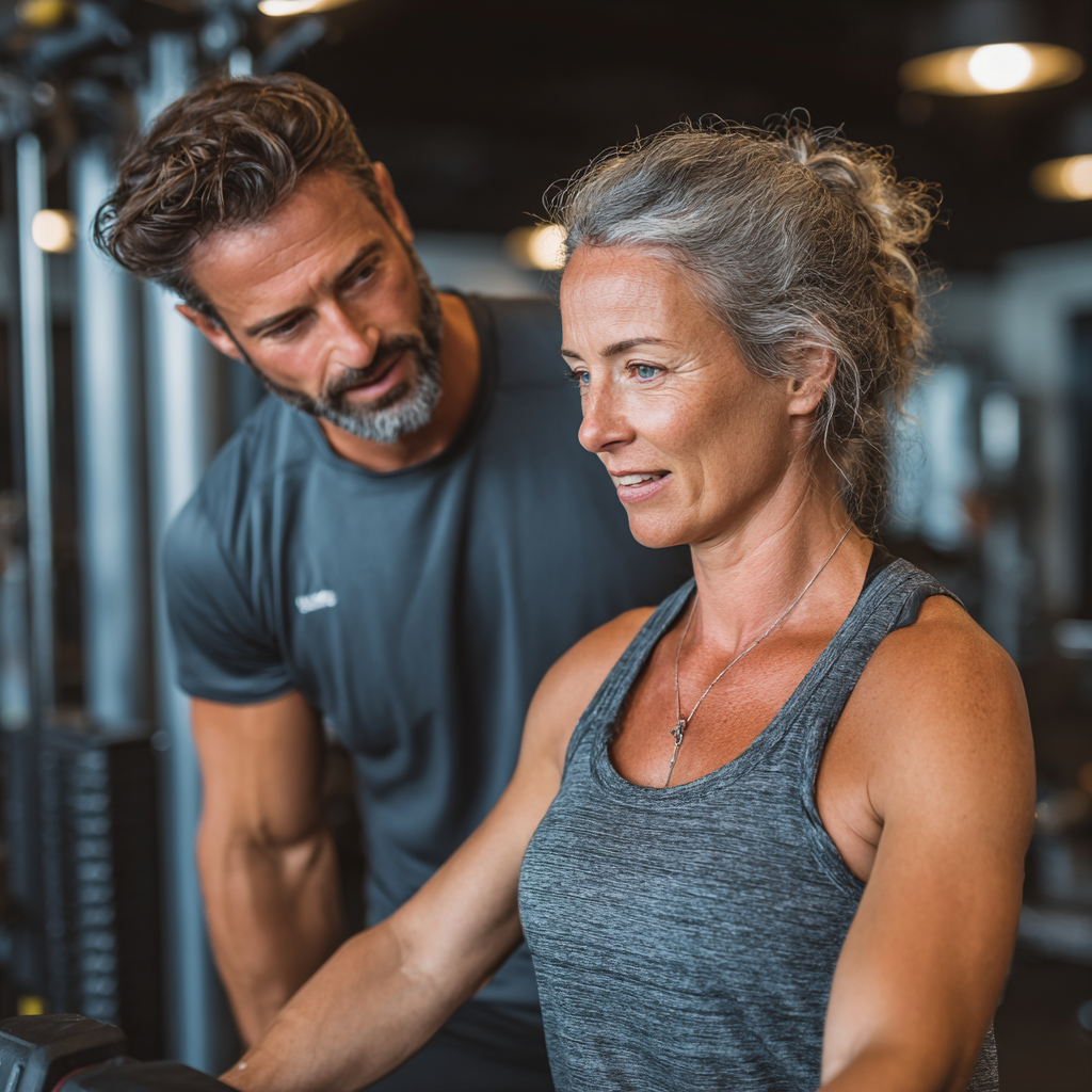 Professional fitness trainer working with middle-aged client in their 50s, personalized workout session in modern gym facility